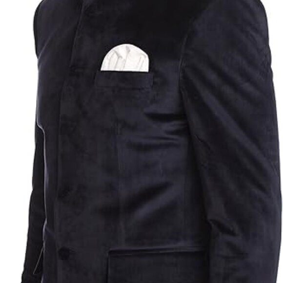 WINTAGE Men's Velvet Grandad Nehru Blazer Coat Jacket Navy Blue - Picture 3 of 5